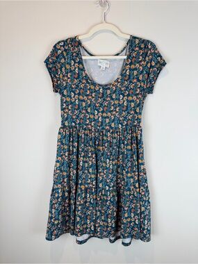 Jun Ivy Floral Knit Scoop-Neck Gathered Waist Mini Dress in Teal/Floral Medium